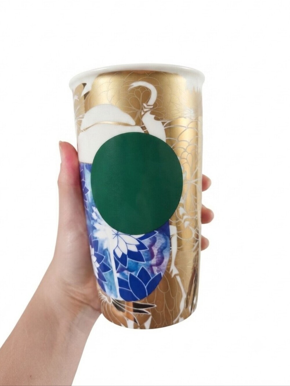 Starbucks Coffee 2014 Gold Floral Scarab 12oz Ceramic Travel Tumbler & Gold Lid